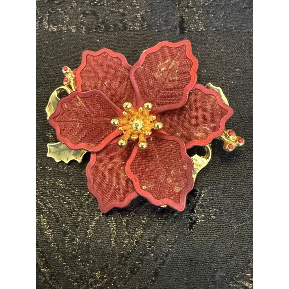Vtg Kenneth Cole Red Mesh Metal Poinsettia Brooch w Enamel Leaves/AB Rhinestones